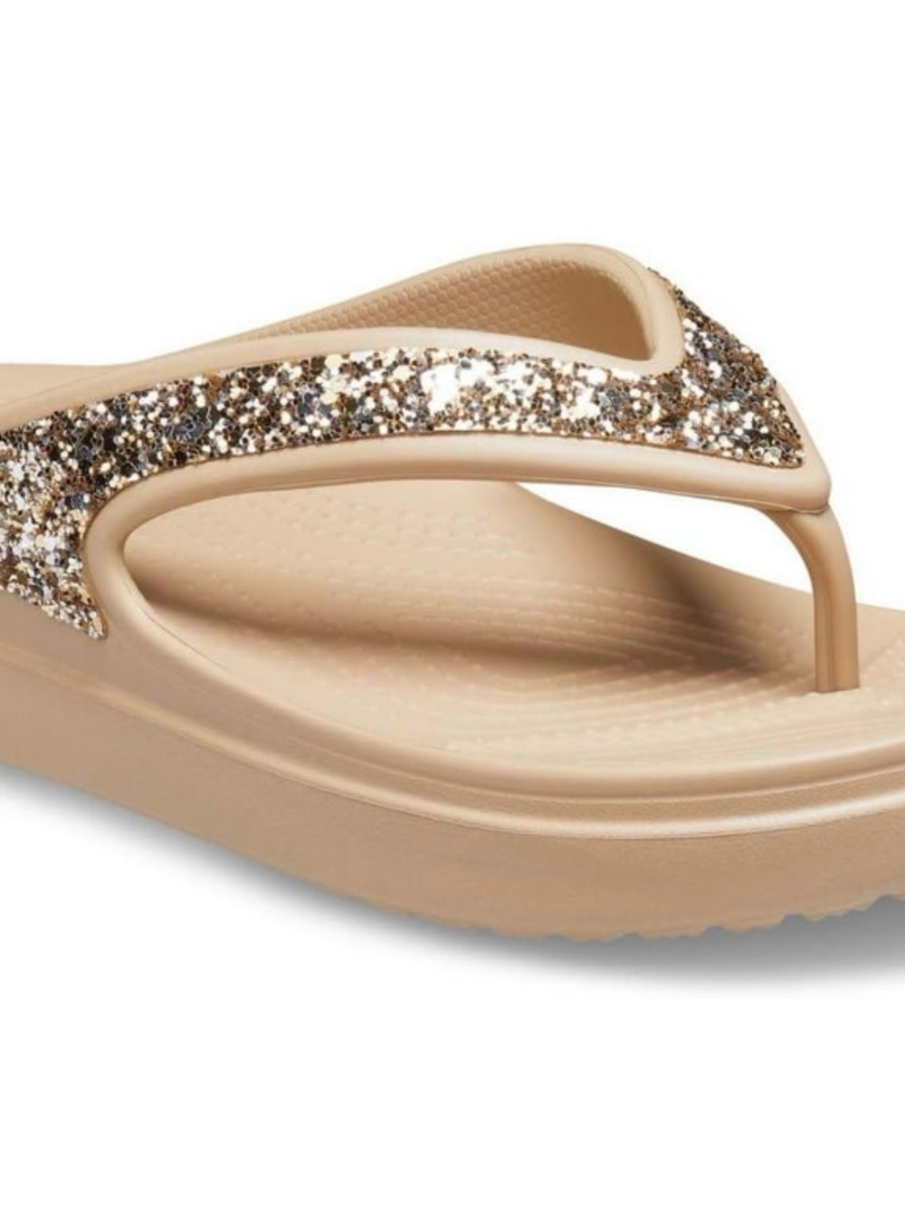 CROCS Iconic Comfort Women's Glitter Thong Sandals in Beige and Gold Sparkle